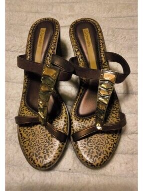 Grendha Women's Brown Leopard Print Slip-On Sandals with Gold Accent